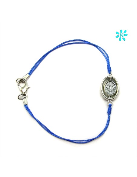 Pulsera Sagrada Familia Y Espiritu Santo Cordon Fino Azul Centro Giratorio