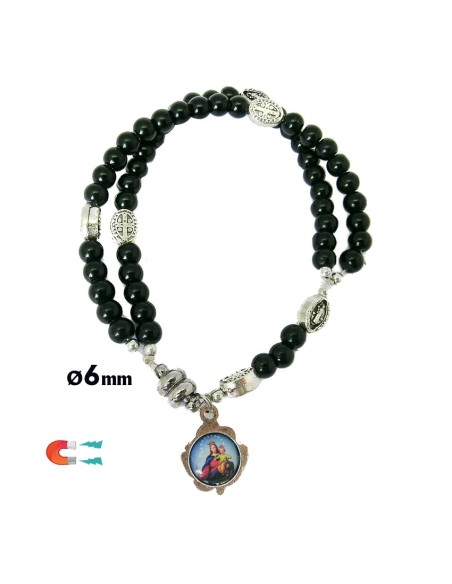 Pulsera Rosario Cristal Liso Negro 5Mm Paters Medalla San Benito Cierre Magnetico