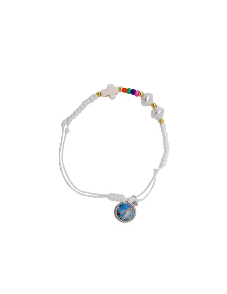 Pulsera Cuerda Bolitas Mini Con 2 Perlas Blancas Y Cruz Varios Colores