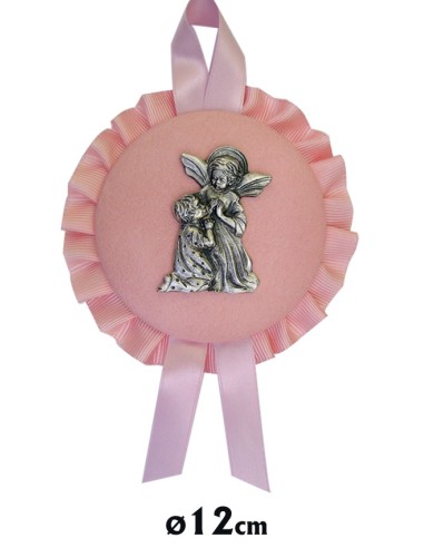 Medalla Cuna Con Placa Metal Niña Rezando Con El Angel Piel Rosa 12cm