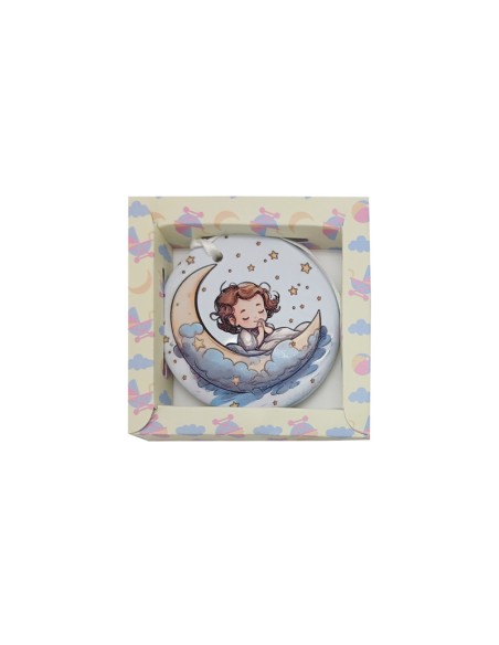 Medalla Cuna Redonda Resina 7Cm Niño Rezando Con Luna De Dia Con Cajita
