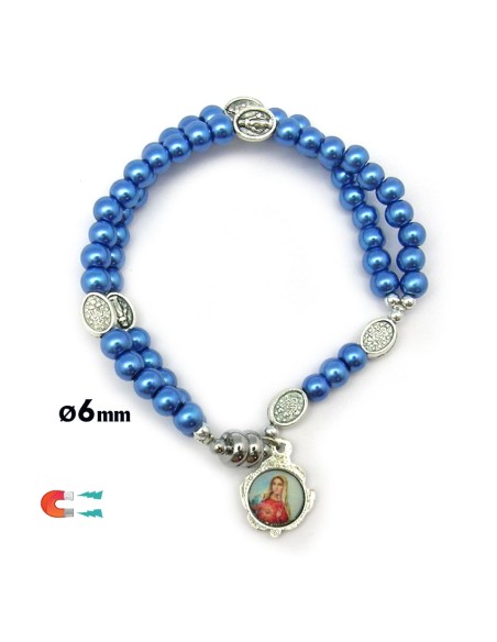 Pulsera Rosario Cristal Liso Azul 5Mm Paters Medalla Milagrosa Cierre Magnetico