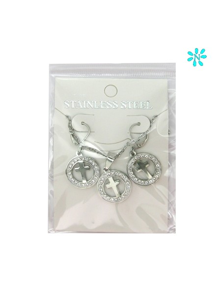 Juego Colgante Redondo 1. 5Cm Y Pendientes Acero Disco Zirconitas Y Cruz Interna