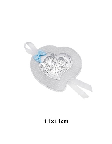 Medalla Cuna Plata Corazon Lazo Azul Angel con Candil Sobre Piel Celeste Con Corazones 11x5cm