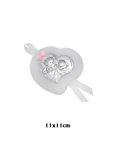 Medalla Cuna Plata Corazon Lazo Rosa Angel con Candil Sobre Piel Celeste Con Corazones 11x5cm