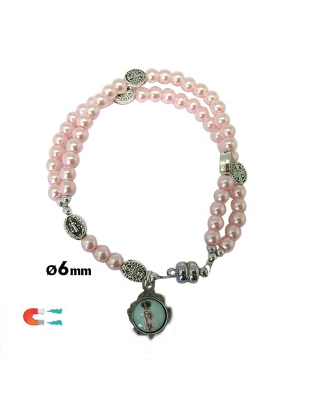 Pulsera Rosario Cristal Liso Rosa 5Mm Paters Medalla San Benito Cierre Magnetico