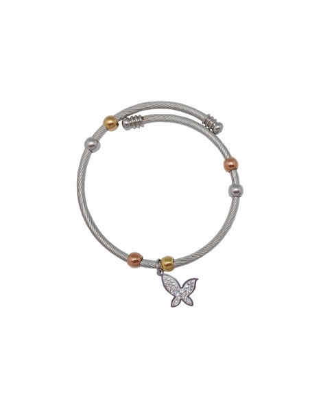 Pulsera Acero Blanco Rayado Con Bolitas Doradas Y Colgante