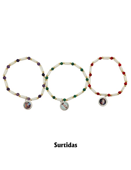 Pulsera Elastica Tubos Nacar Con Piedras 5Mm 3 Colores Surtidos