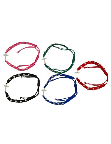 Pulsera Cuerda Trenzada Con Cruz Central Acero Y Bolitas Colores Surtidos