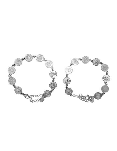 Pulsera Acero Escapulario Medallas Redondas 10Mm Virgen Carmen Y Sagrado Corazon