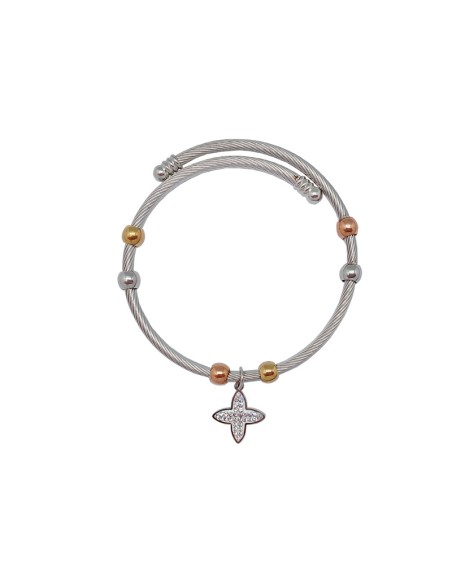 Pulsera Acero Blanco Rayado Con Bolitas Doradas Y Colgante
